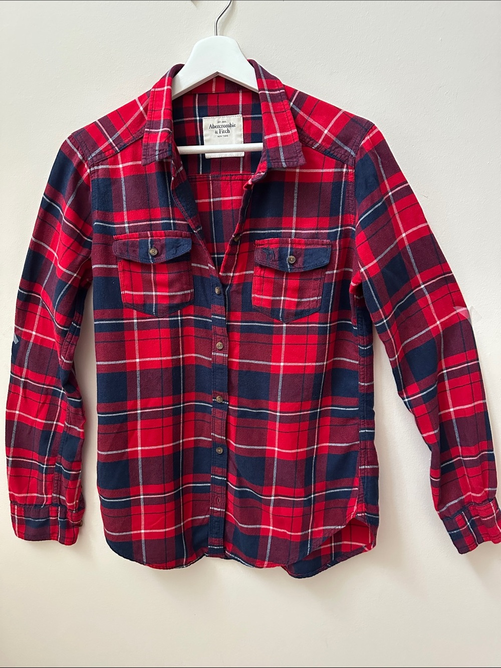Abercrombie & Fitch Red and Navy Plaid Flannel Button-Down